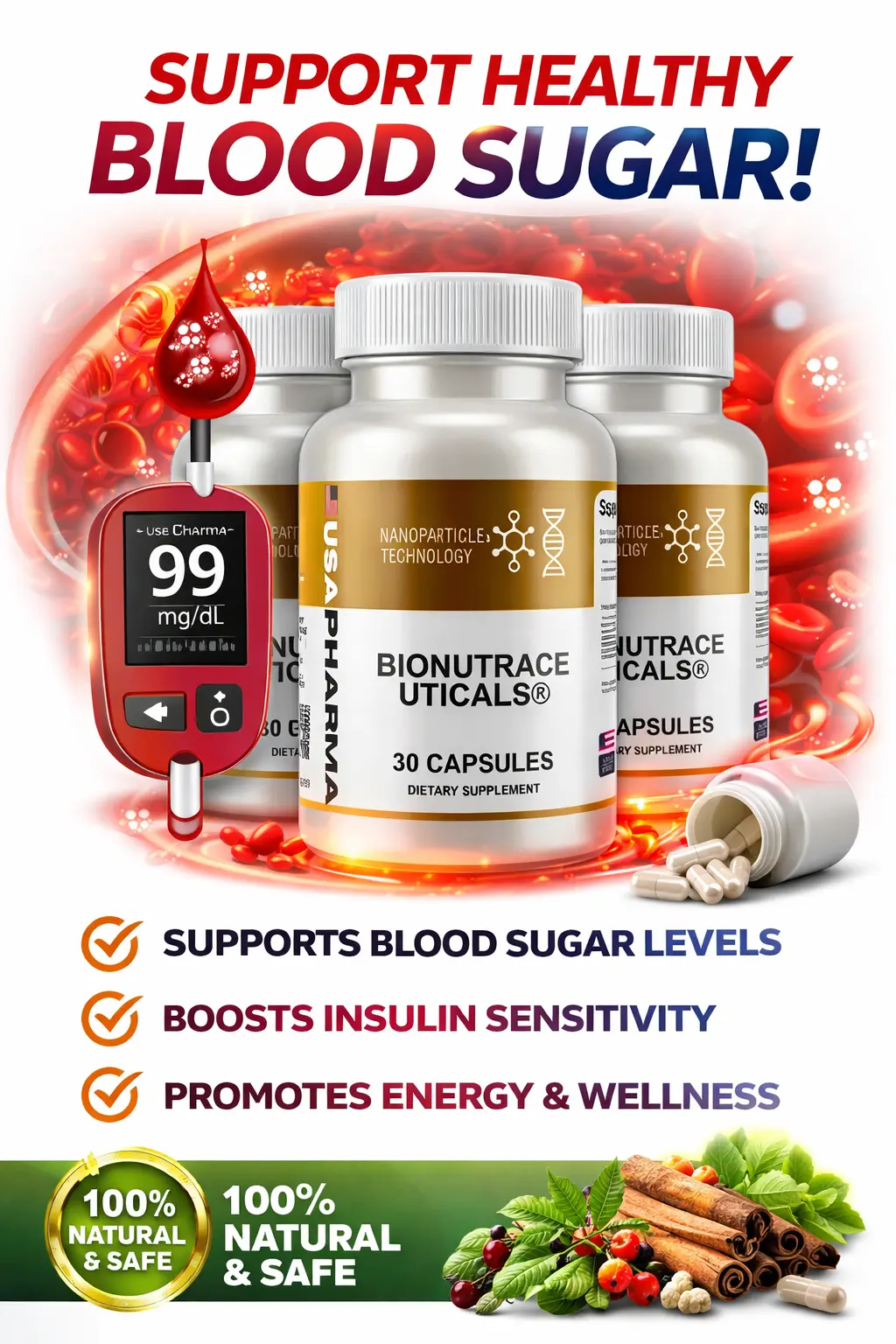 How Bionutraceuticals blood sugar support supplement works with bottle